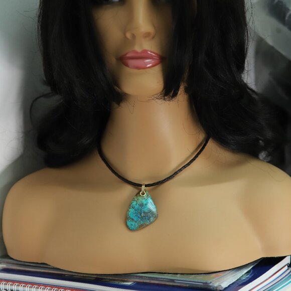 Chrysocolla Natural Stone Necklace 14K Yellow Gold & Leather - Picture 8 of 11